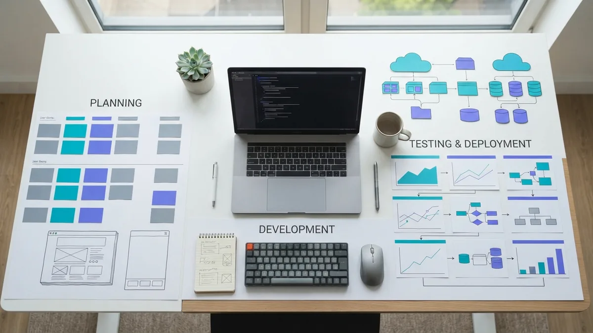 Software planning desk with code, testing notes, and cloud architecture diagrams
