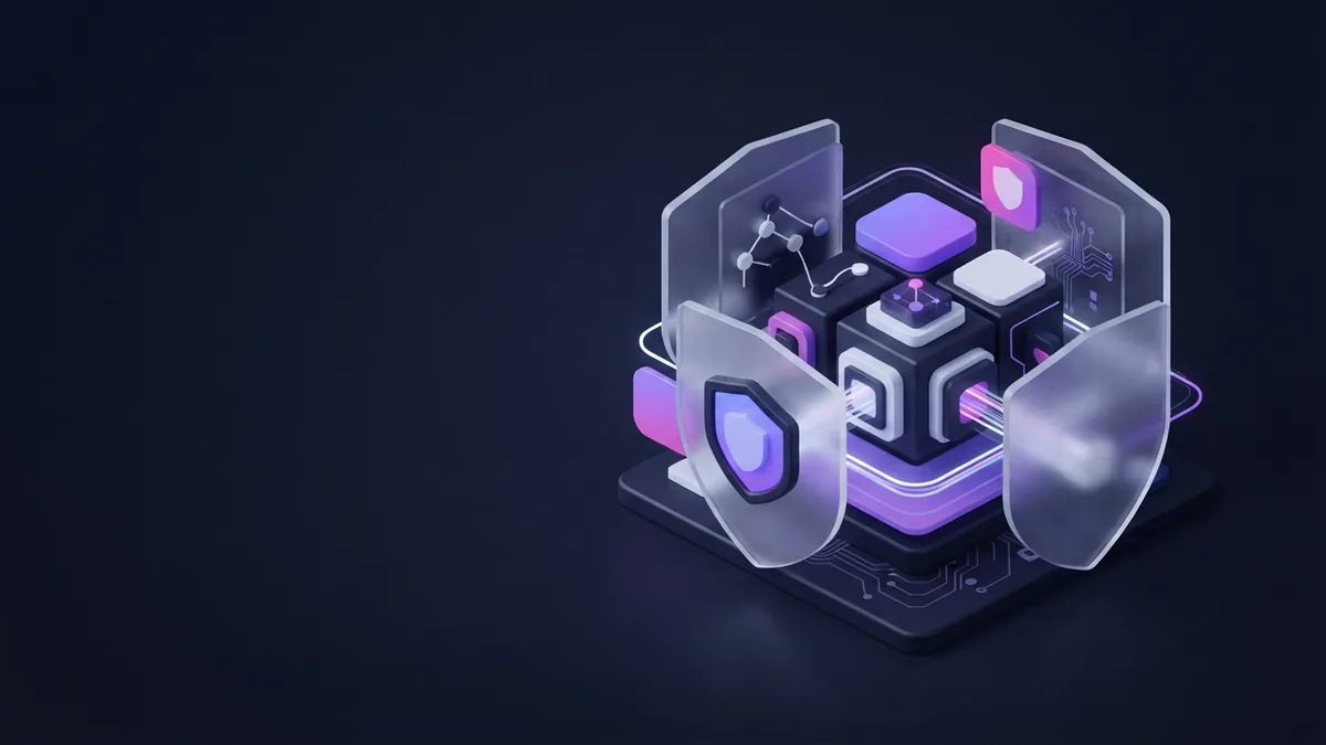 Abstract secure software architecture with layered violet glass shields
