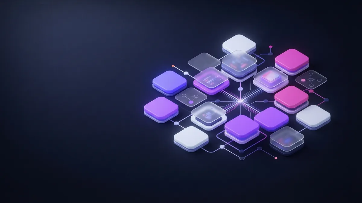 Focused technology service niche Isometric technology modules forming a focused network cluster against a dark indigo field