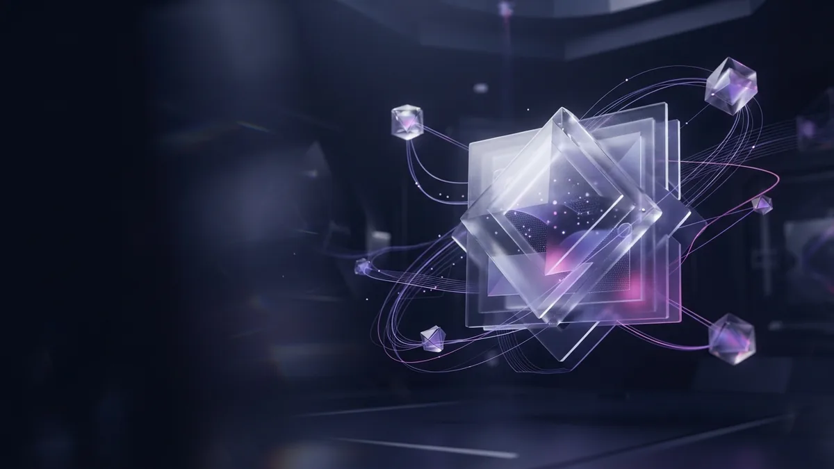 Abstract investment nodes linked around a central module in a dark violet 3D scene