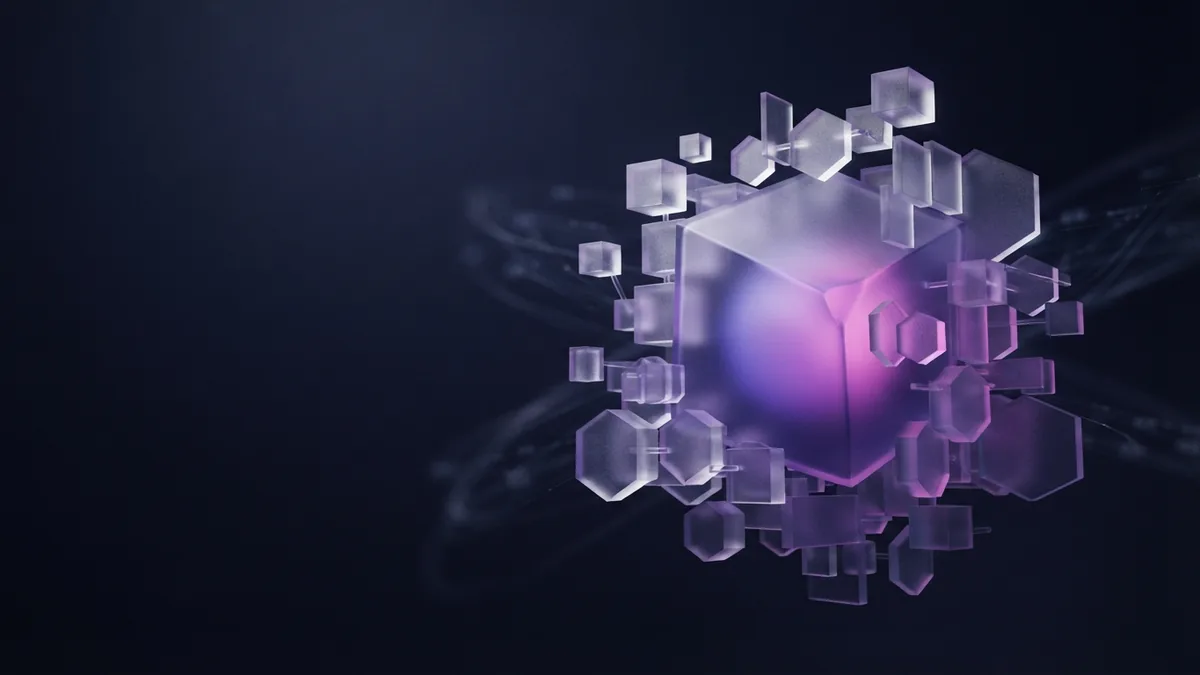 Small geometric modules gathering around a central form to suggest shared startup backing