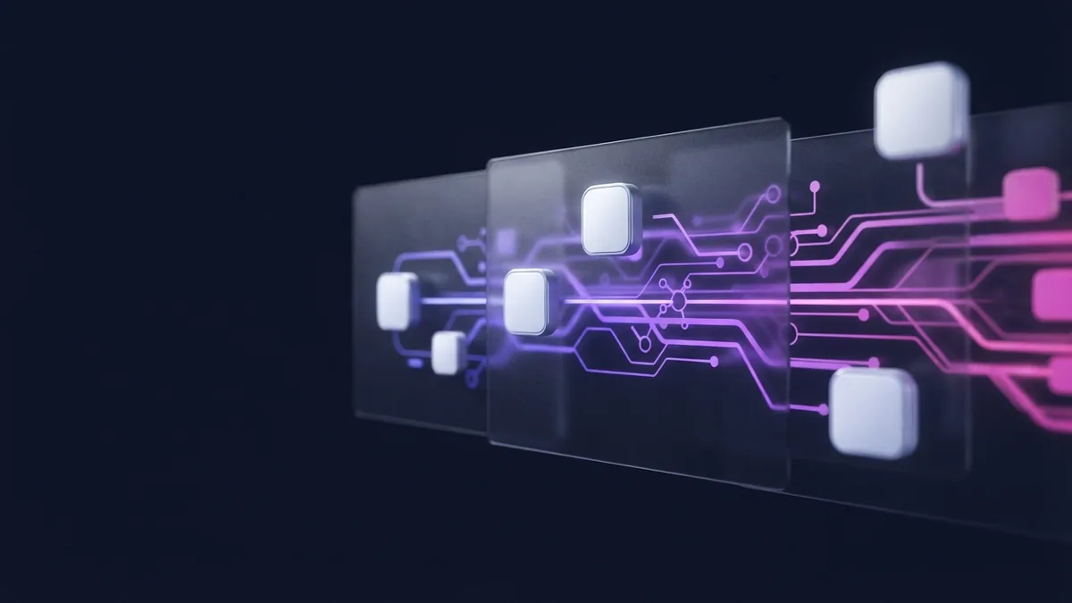Layered glass planes and modules show a user journey in an Agile story map