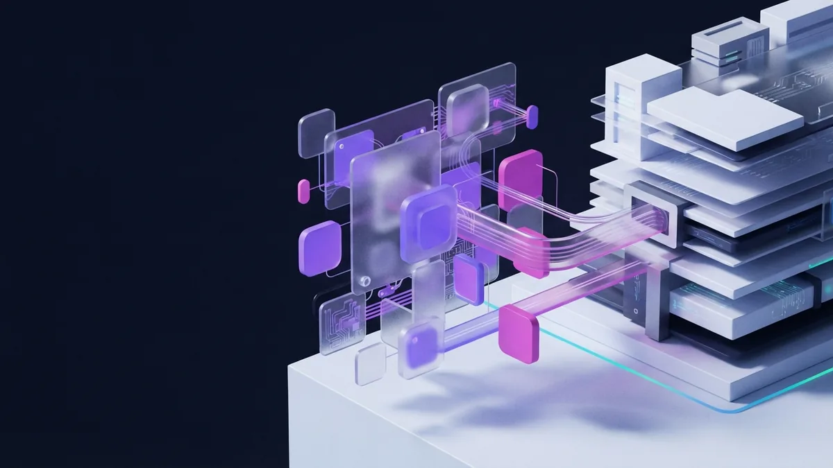 Frontend and backend systems Abstract 3D composition showing connected frontend and backend development systems