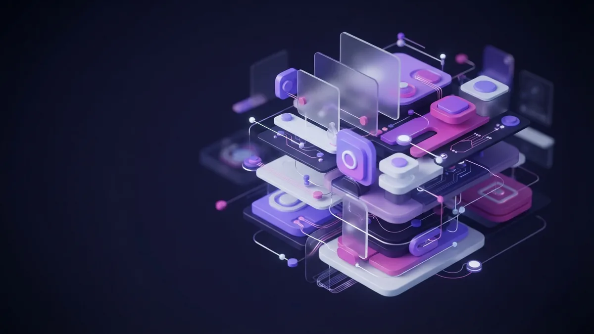 Abstract 3D technology modules representing modern web development tools and frameworks
