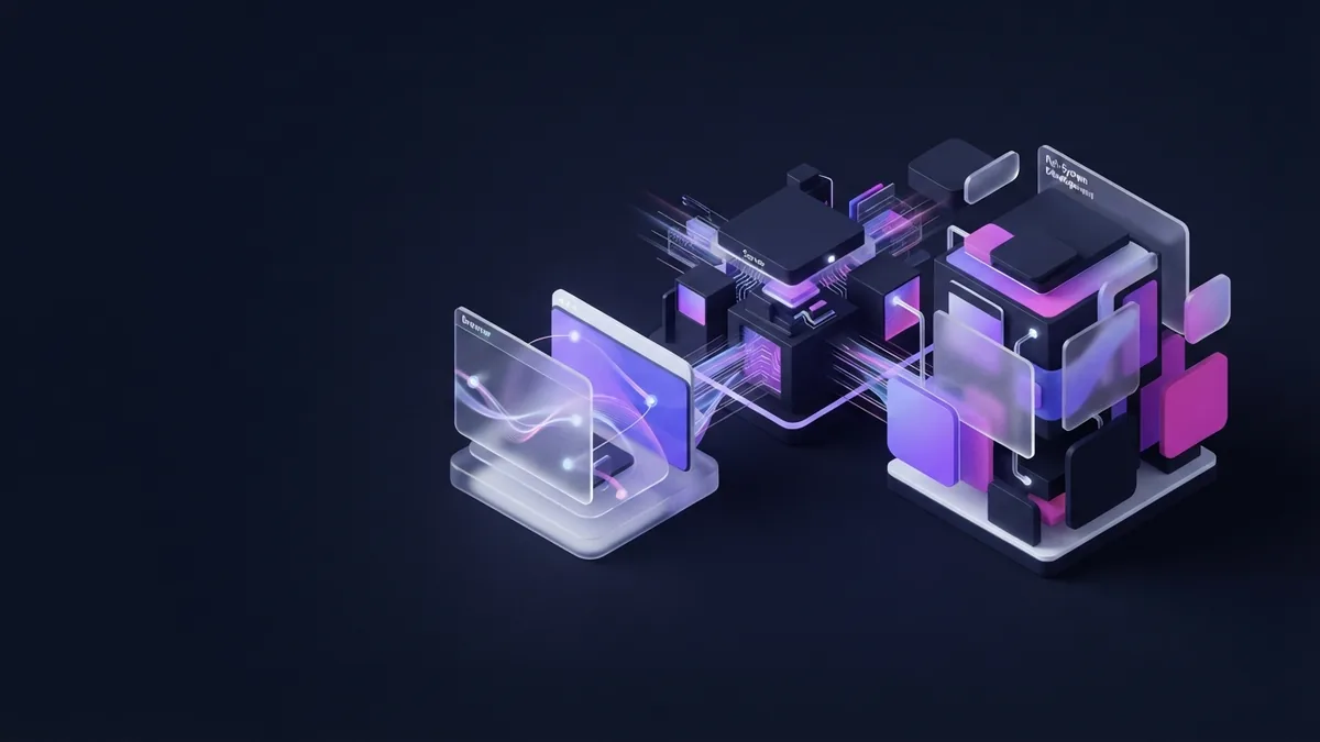Three web development layers Isometric modules representing front-end, back-end, and full-stack web development