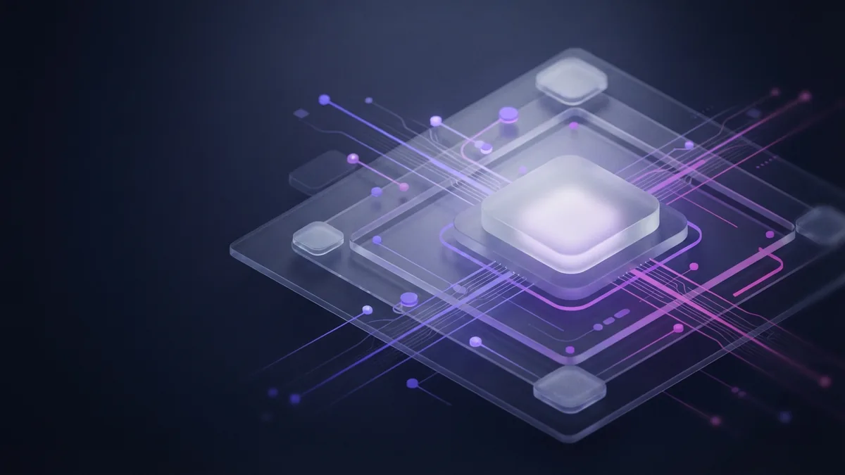 Layered neural network concept Layered neural network modules showing data flow in a dark violet 3D scene