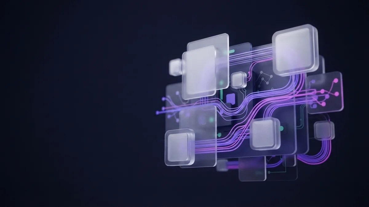 Connected AI application modules with violet and magenta light trails