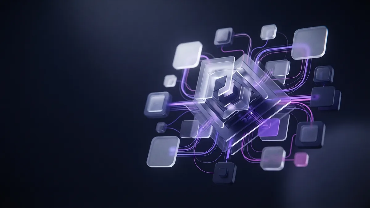 Product engineering workflow Geometric workflow structure showing connected product engineering stages in violet light