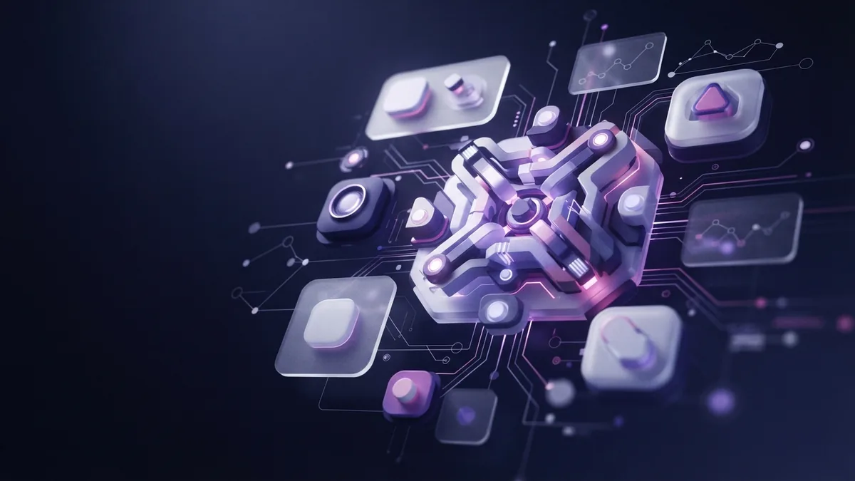 Product engineer skills Abstract geometric hub with connected modules representing product engineering skills