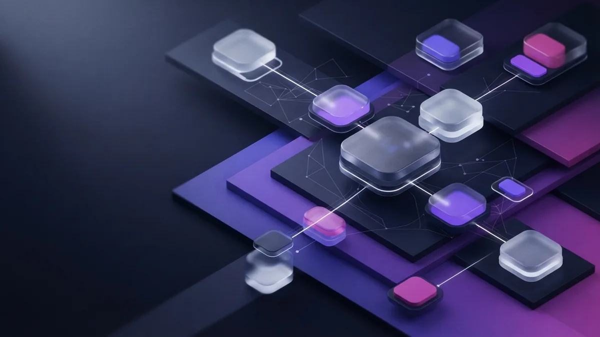 Isometric Agile delivery flow with connected purple modules on dark layered planes