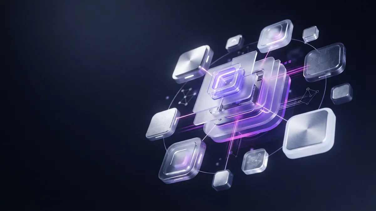 Abstract business agility structure with connected purple modules and flowing links
