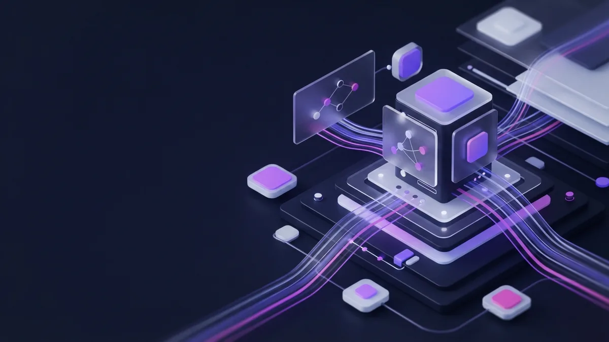Abstract cloud service modules linked by glowing data paths