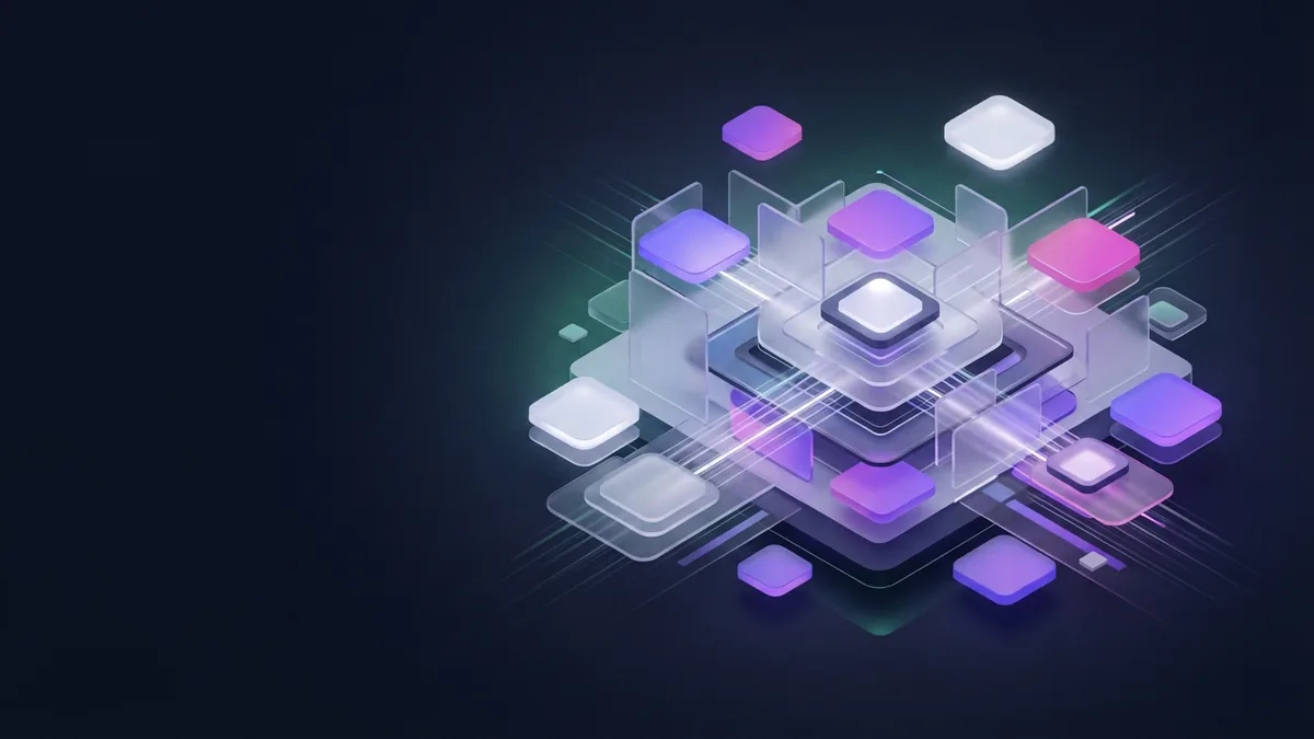 Shared SaaS platform shown as layered geometric modules in purple light