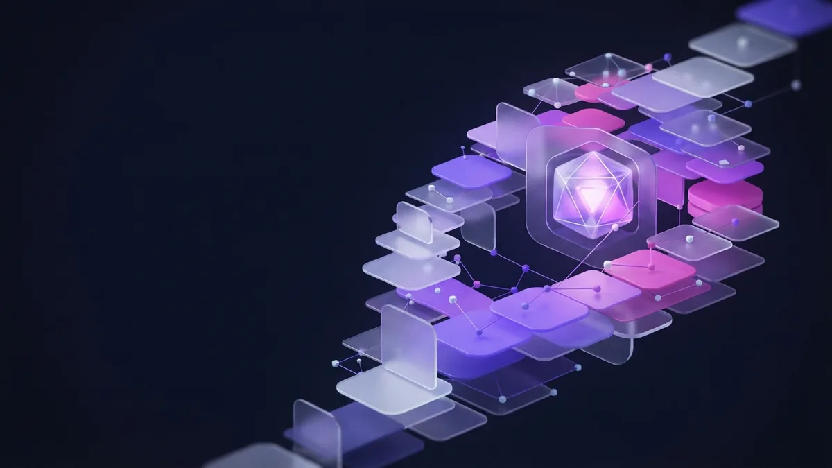 Abstract career path built from glowing DevOps automation modules and connected planes