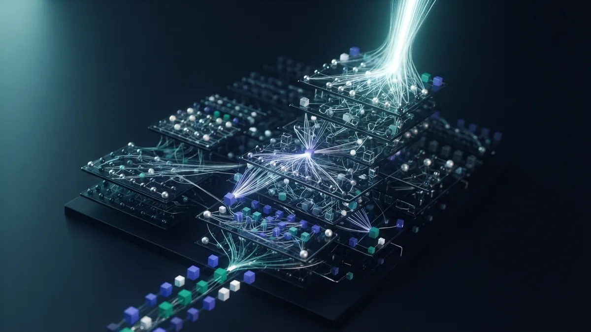 Transformer network showing token flow and attention links in an LLM