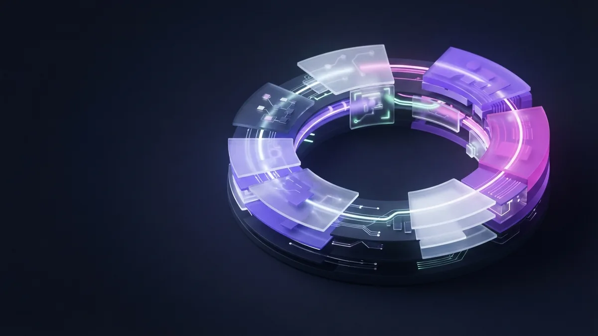 Abstract software lifecycle shown as connected glowing stages in a dark isometric scene