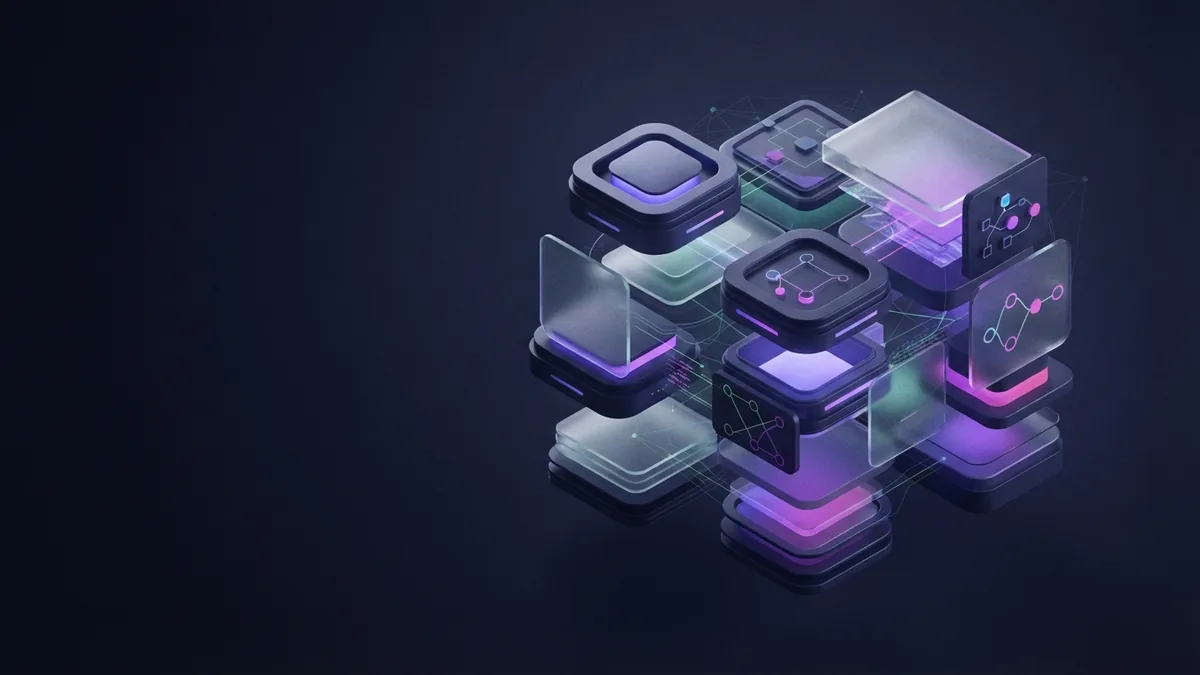 Geometric workforce planning modules joined in a dark indigo HR technology composition