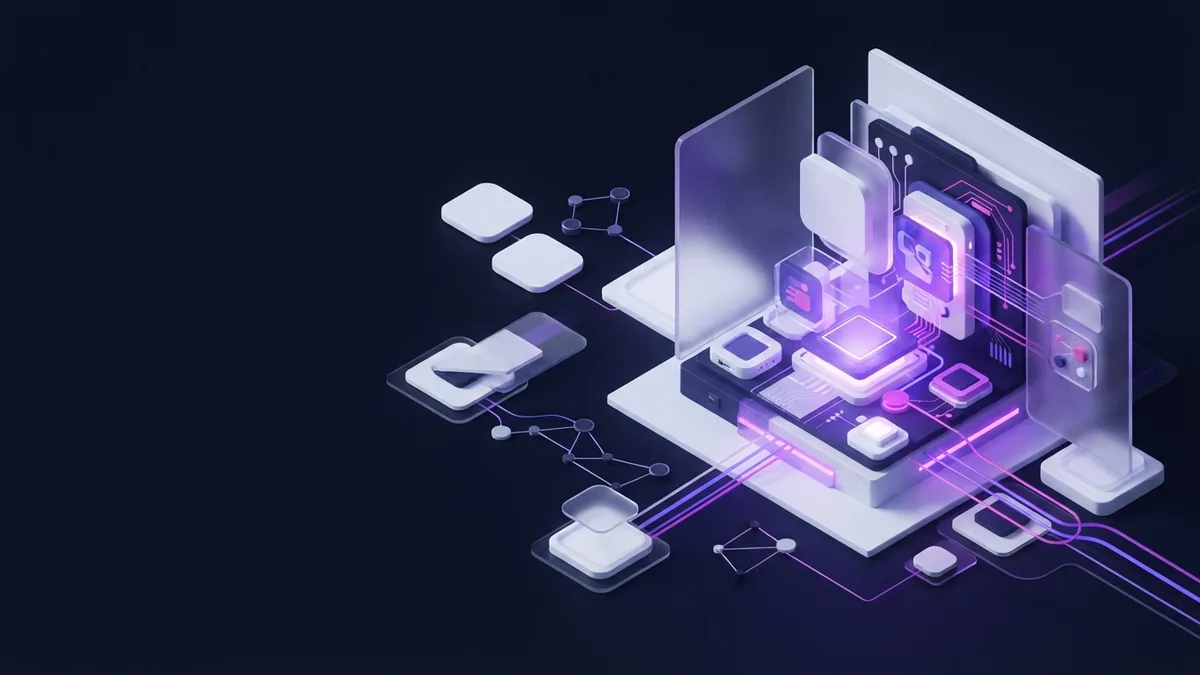 Isometric HRM structure aligning workforce goals with business planning in violet light