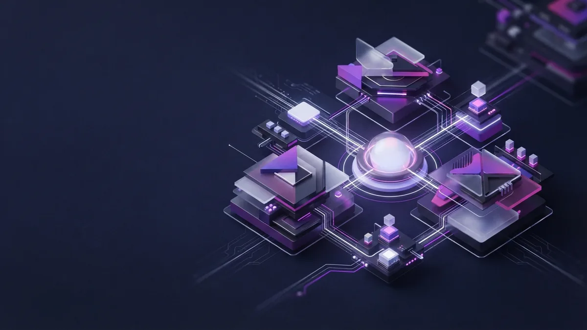 MCP architecture with linked system nodes Isometric MCP host client and server connection with glowing data paths