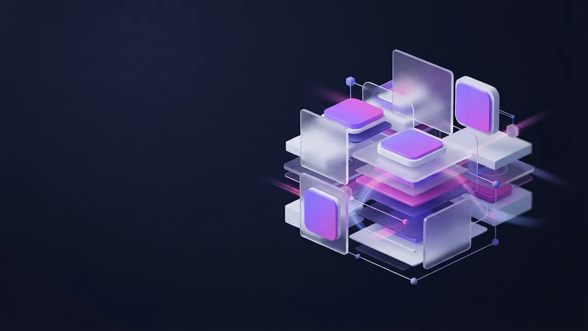 Modular 3D service network showing distinct outsourcing work streams in purple light
