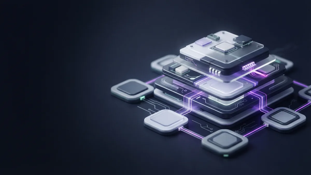 3D geometric platform with connected modules showing efficient business service flow